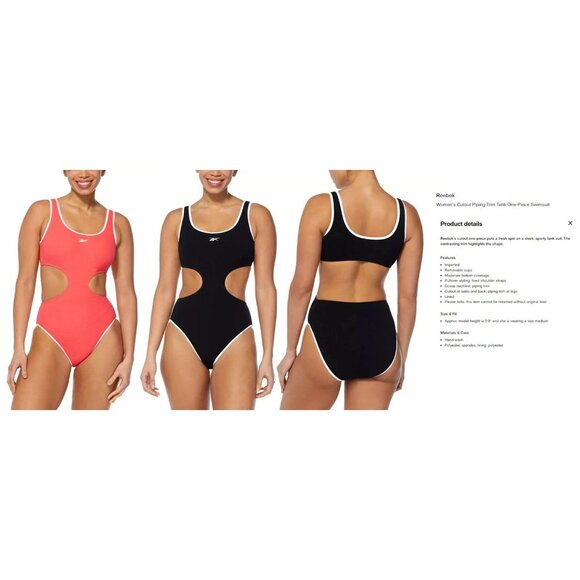 REEBOK Cutout Piping-Trim Tank One Piece Swimsuit Sz Small Neon Coral Monokini - Picture 9 of 9